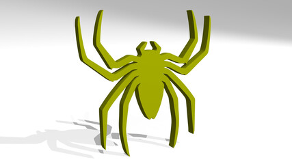 SPIDER stand with shadow. 3D illustration of metallic sculpture over a white background with mild texture. web and black