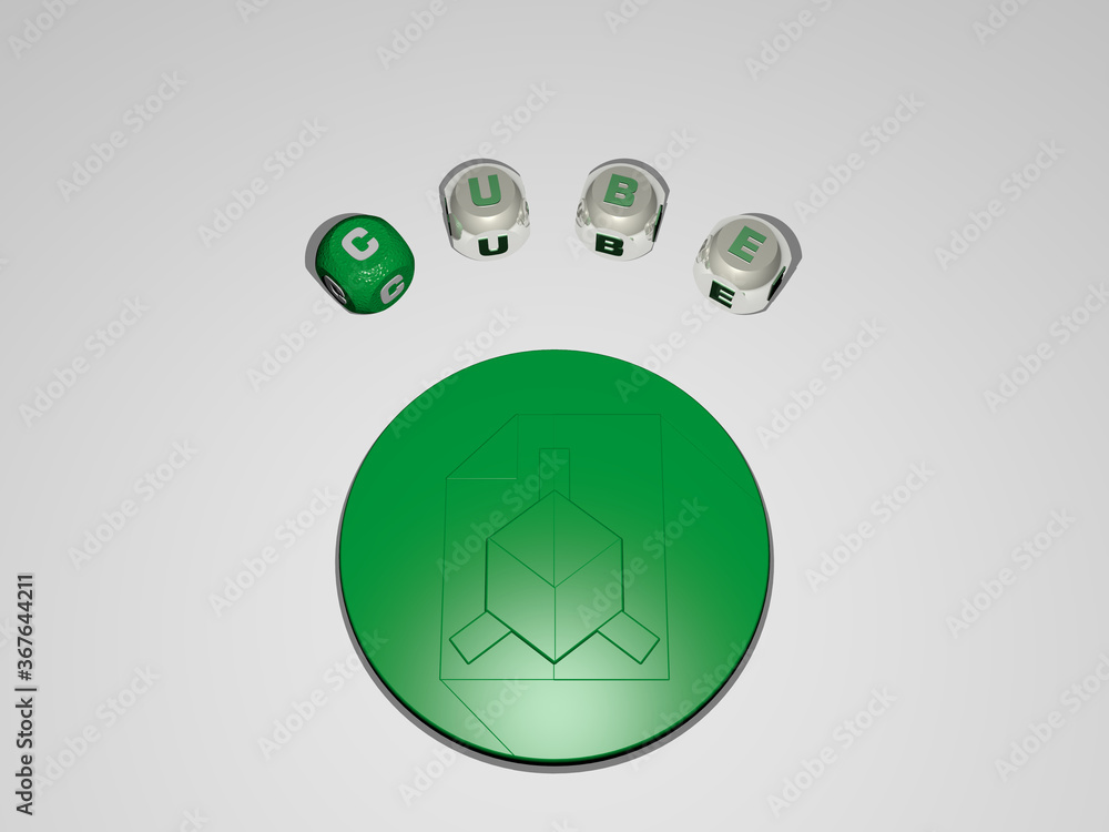 Poster 3d representation of cube with icon on the wall and text arranged by metallic cubic letters on a mir