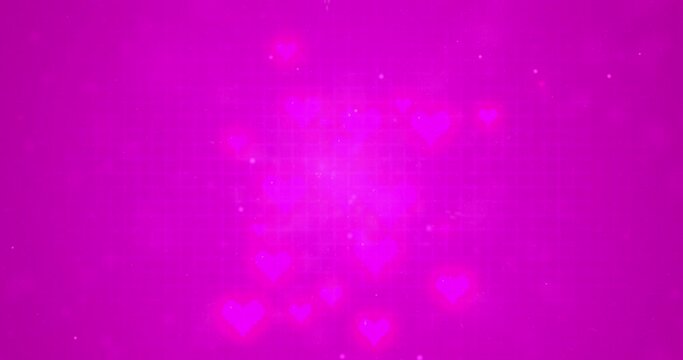 Gamer girl background theme. Purple retro  background with pixelated pink hearts popping on the screen. Animated background.