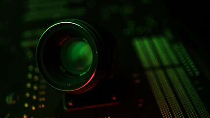 Awesome camera lens in green and red lights, Camera concept