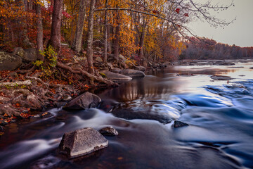 River in autumn forest. Fall foliage in pony pasture, Richmond VA