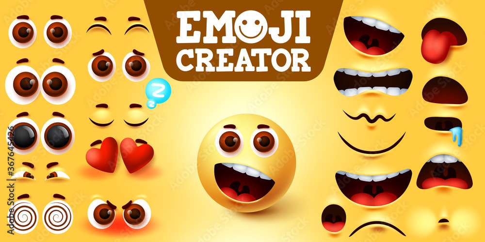 Poster emojis smiley creator happy vector set. emoji maker character kit with editable facial expressions, 