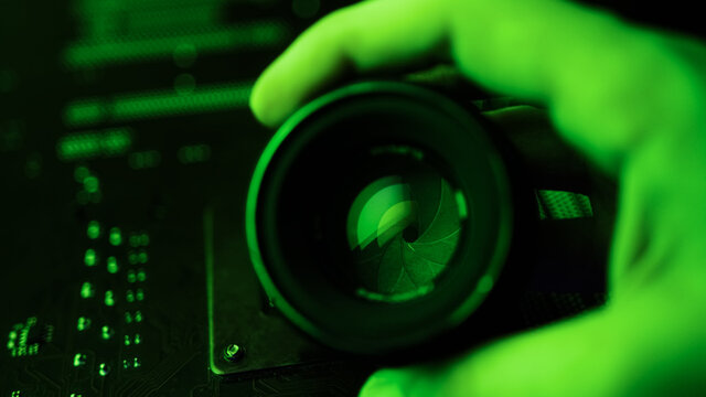 Excellent manual camera lens within green rgb lights, iris adjusted by hand