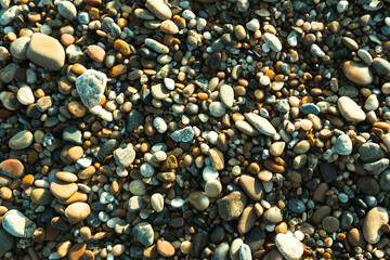 Ocean beach sand with pebbles texture.