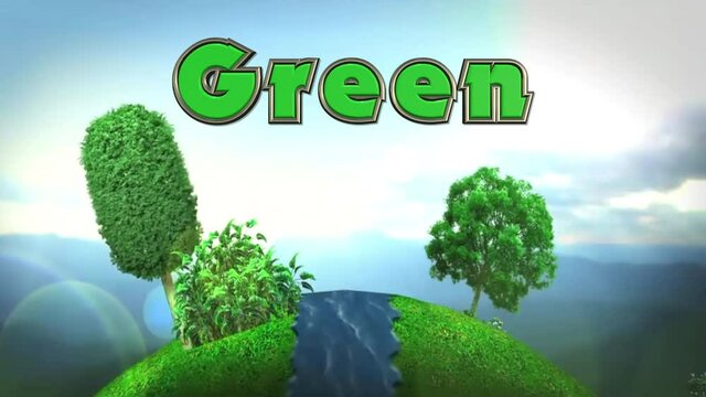 3D headline text "Green" flies in as playful, miniaturized globe with blue river bordered by green grass turns under a daytime sky. Colors of blue and green featured.