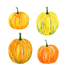 Set of orange and yellow pumpkins isolated on white background. Watercolor hand-drawn illustration. 
Perfect for your project, cards, prints, covers, menu, patterns.