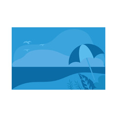 Summer blue banner with leaves and umbrella at beach vector design