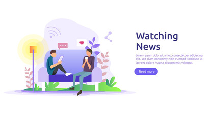 Fototapeta na wymiar watching TV daily news vector illustration concept with people character. template for web landing page, banner, presentation, social, poster, ad, promotion or print media.