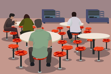 Social distancing at food court: some people eating, stools marked for keeping social distance