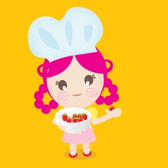 girl chef holding bowl of strawberries