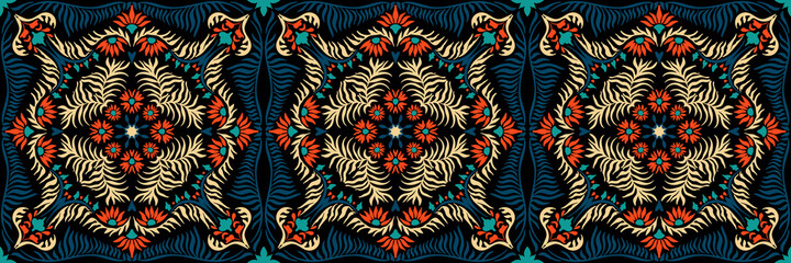 Fototapeta na wymiar Bandana print. Women's shawl with floral pattern. Mediterranean wallpaper. Portuguese tile azulejo. Turkish ornament. Spanish porcelain. Ceramic dishes. 