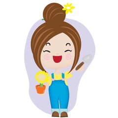 girl holding shovel and potted plant