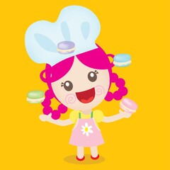 girl chef juggling with macarons