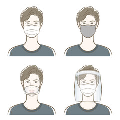 ウイルス感染の防止　マスク　フェイスシールド　男性