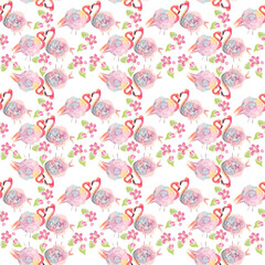 digital watercolor painting of seamless pattern with roses and flamingo birds.