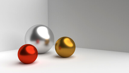 3d rendering red  silver and gold metal ball glossy on grey background