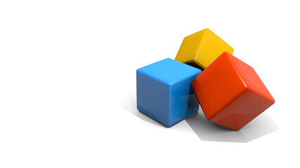 3d rendering simple geometric shape red, blue, and yellow cube on white background