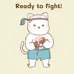 Cute cat in Thai traditional boxing wrap hand before fight, outline doodle drawing vector idea for kid stuff printing, greeting card, baby shower card