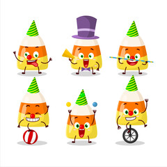 Cartoon character of candy corn with various circus shows