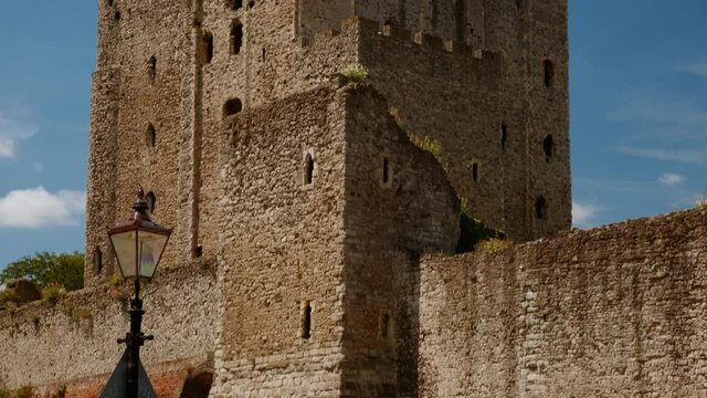 Close-up view of 12th century Rochester Castle, founded after the Norman Conquest, one of the best preserved castles in England
