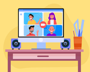 Online conference with friends via computer. modern flat illustration vector for web or mobile