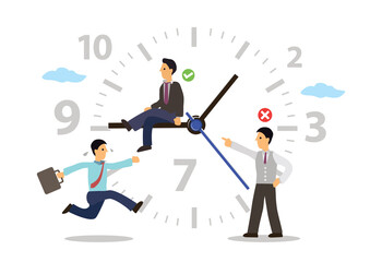 Time Management concept with businessmen running around a clock.