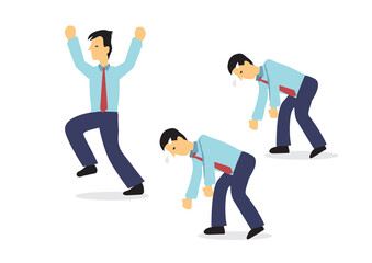 Businessman in joy while the other businessmen feeling exhausted.