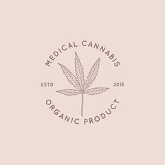 Logo Marijuana Leaf in a trendy minimal linear style. Badge of Medical Cannabis Leaf. Vector icon of Hemp