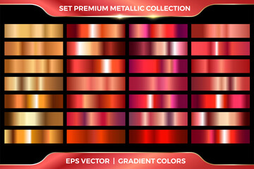Gold, rose gold and purple gradient set collection. Elegant metallic gradient. shiny gold foil, red bronze medals gradients. pink copper metal collection.