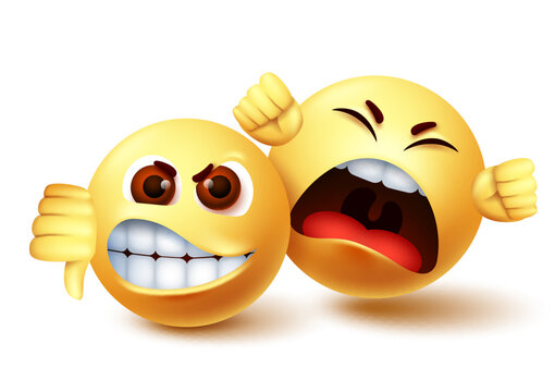 Smiley emoji angry characters vector design. Emoji smiley of mad and shouting disagreement with thumbs down hand gesture. Vector illustration.
