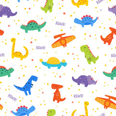 Cute Colorful Cartoon Dinosaurs Seamless Pattern with stars and dots on white Background. © Alena
