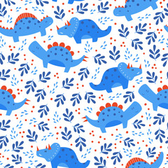 Cute Dinosaurs Blue Seamless Pattern Background with leaves and dots. Triceratops and Stegosaurus Wallpaper.