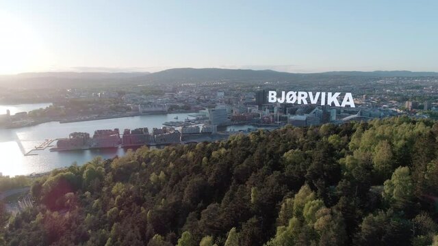 Aerial view of downtown Oslo harbor with Bj&oslash;rvika sticky 3D label