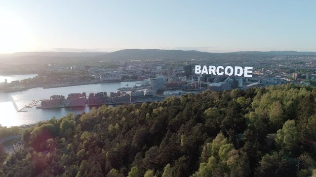 Aerial view of downtown Oslo harbor with Barcode sticky 3D label