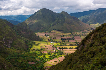 Landscape of the agriculture activity inside the active crater of the Pululahua volcano, Quito, Ecuador.