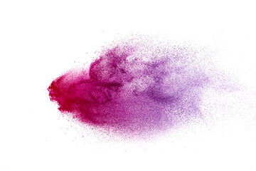 Purple powder explosion on white  background. Colored cloud. 