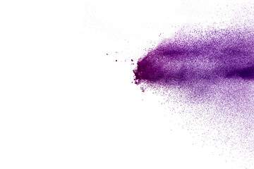 Purple powder explosion on white  background. Colored cloud. 