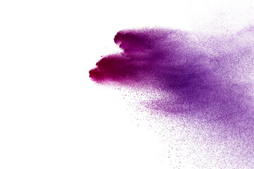 Purple powder explosion on white  background. Colored cloud. 