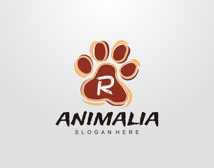 R Letter in Paw Shape Design. Pet logo design. Dog, Cat, animal clinic, pet care center. Paw vector logo Icon Template.