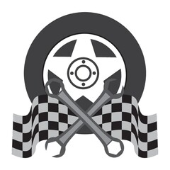 vehicle tyre with race flags and wrenches