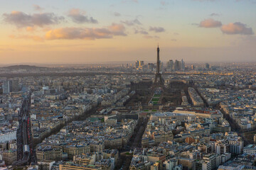 Aerial view of city Paris, the capital in France, at sunset.