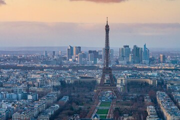 Aerial view of city Paris, the capital in France, at sunset.