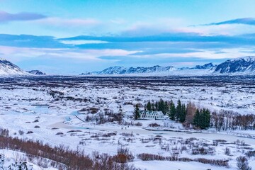 Thingvellir National Park in Iceland at sunrise, in winter time.