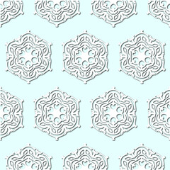 White snowflakes on pale blue background, damask ornament seamless pattern. Paper cut style - 367667092