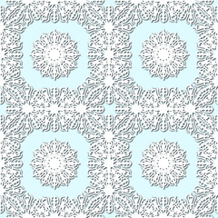 White snowflakes on pale blue background, damask ornament seamless pattern. Paper cut style - 367667095