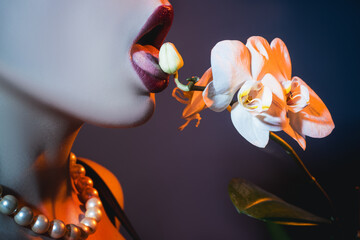 Glamorous woman licking an orchid bud