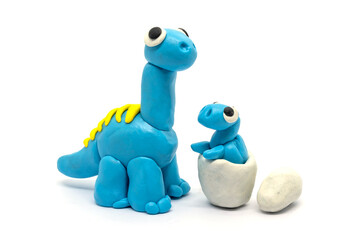 Play dough Brachiosaurus and egg on white background. Handmade clay plasticine