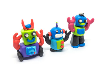 Play dough group robot on white background. Handmade clay plasticine