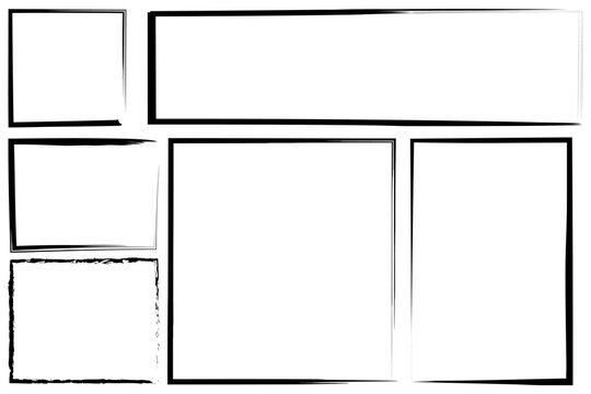 Borders in grunge style. Brush inked square. Set of stroke rectangles. Collection of hand scribbled frames.