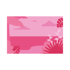 Summer pink banner with palm tree and leaves at beach vector design